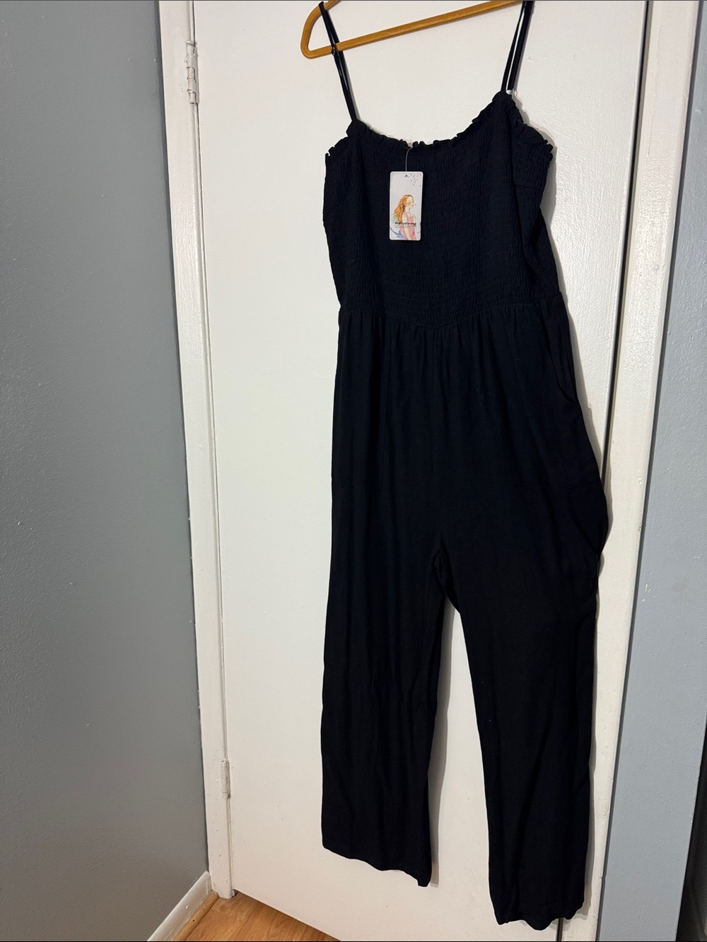 Lady Black Smocked Strap Jumpsuit